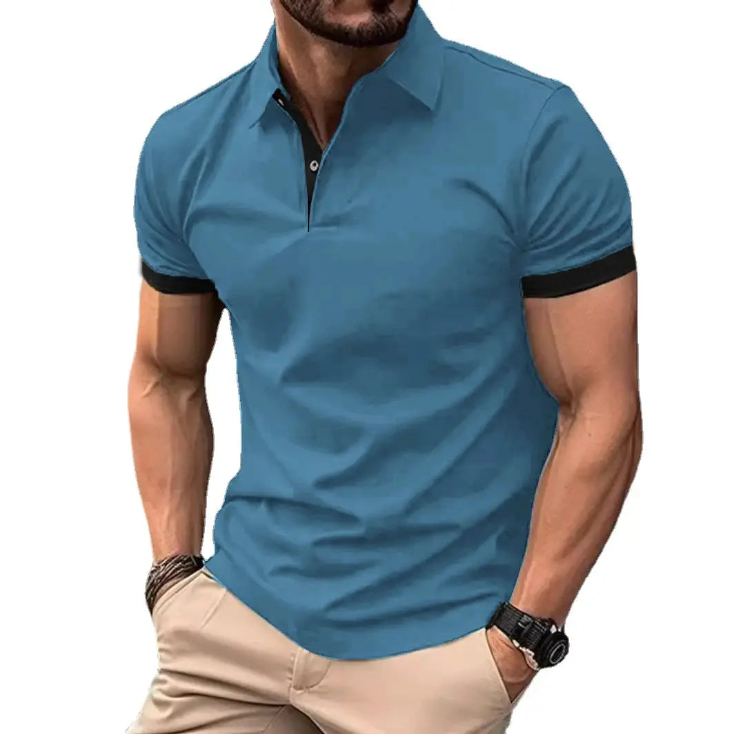 Men's blue polo shirt by Simples Market; short sleeves, lapel collar, lightweight casual wear with contrast placket.