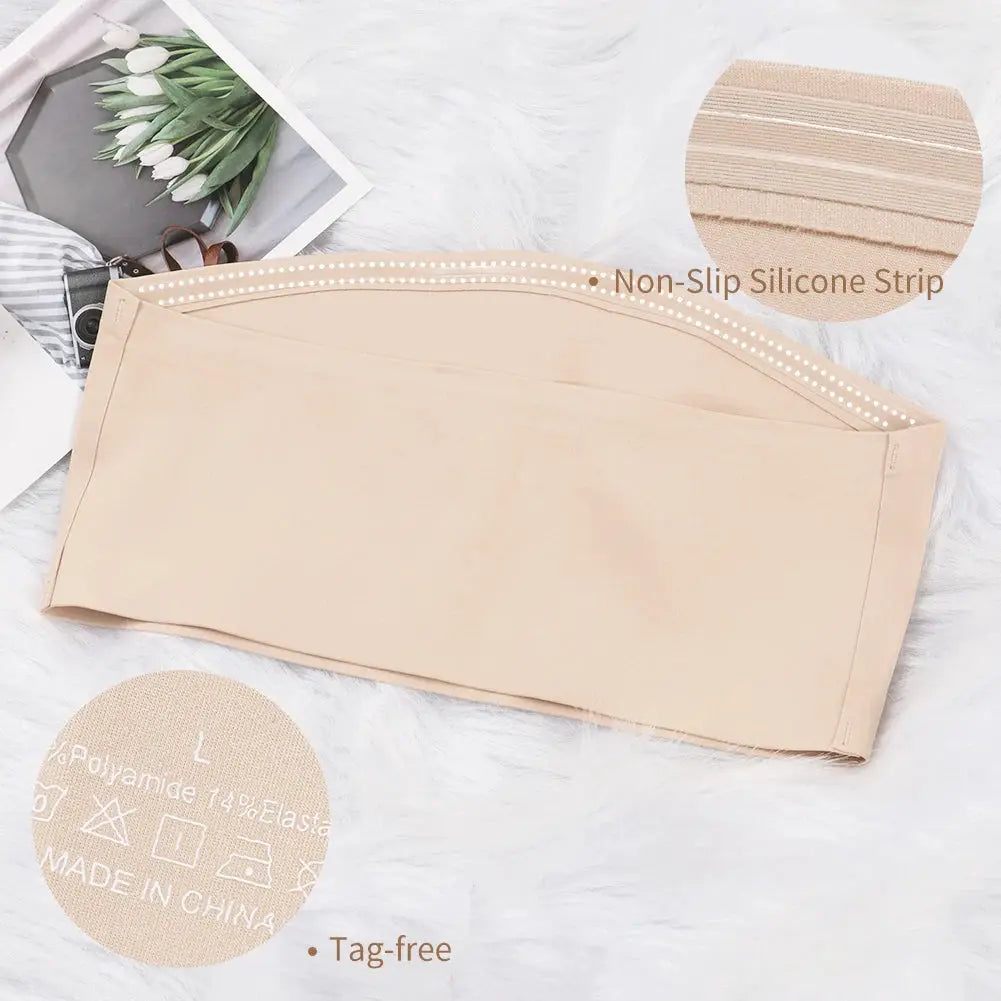Seamless strapless tube top bra in nude with non-slip silicone strip.