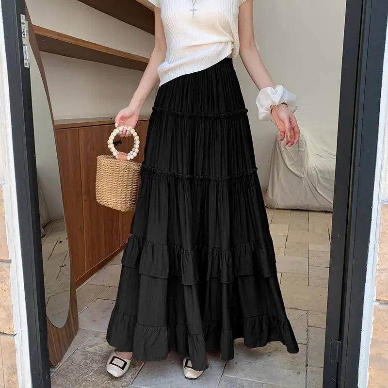 Skirt, black tiered ruffle-hem maxi, high-waist, flowy A-line