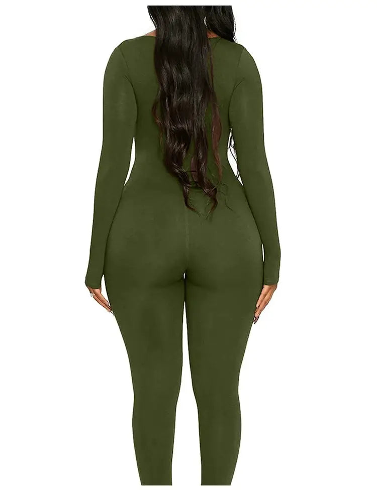 Women's jumpsuit by Simples Market, olive green long-sleeve, solid color, skinny fit