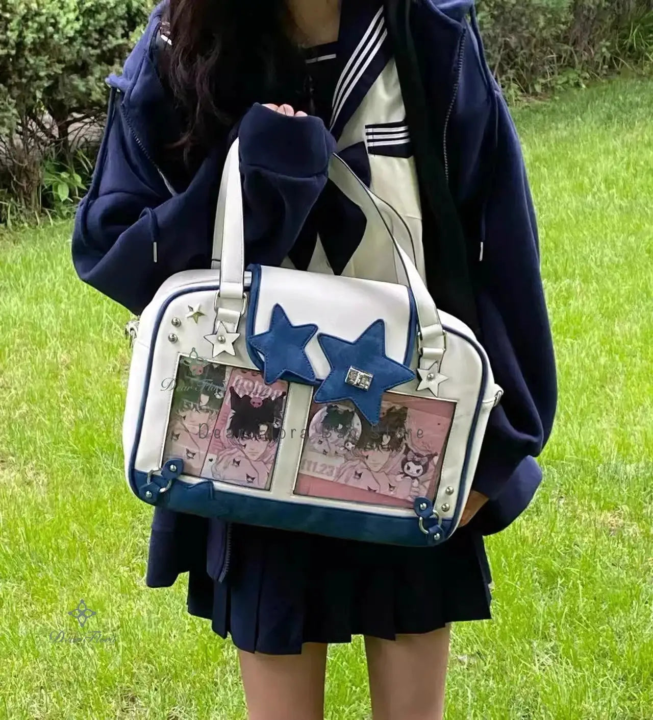 Y2K Trendy Star Ita Bag by Simples Market, white bag with blue star patches, transparent pockets, crossbody purse