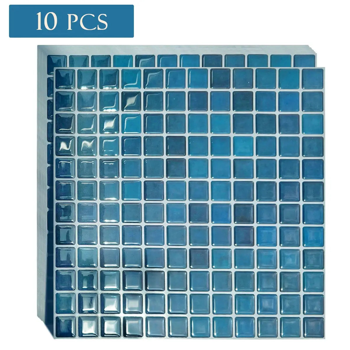 Self-adhesive blue square mosaic wall tiles, 2 sheets, 10.5 in square, 3D glossy backsplash panels.