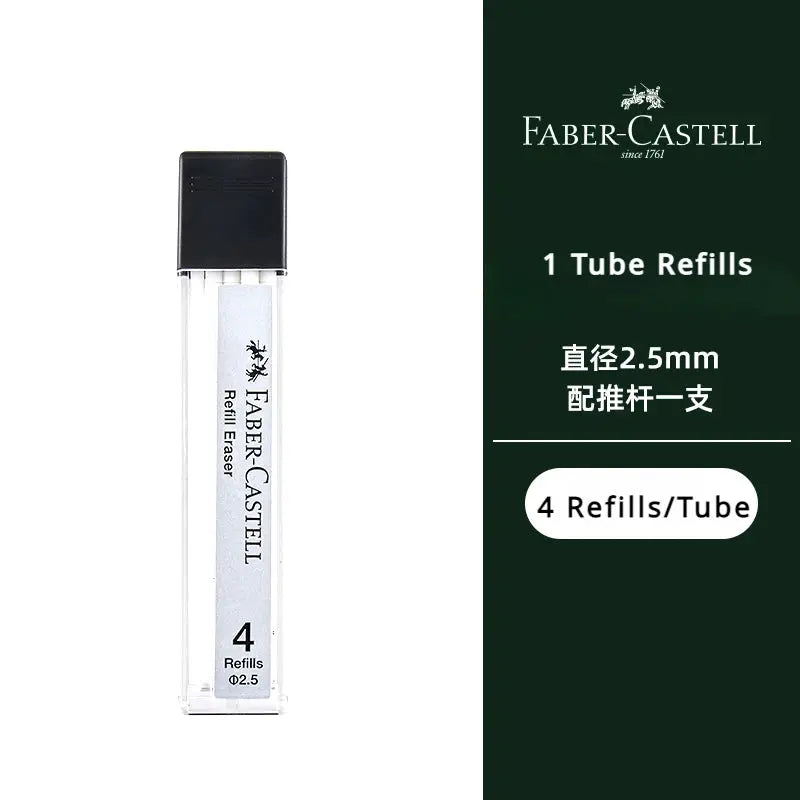 Faber-Castell pen-style retractable eraser with 2.5mm tip, clear body and black cap; includes 4 refills per tube