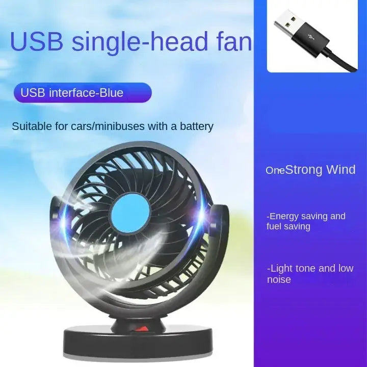 Car USB fan, black with blue center hub, 360° adjustable, 2-speed car/desk fan