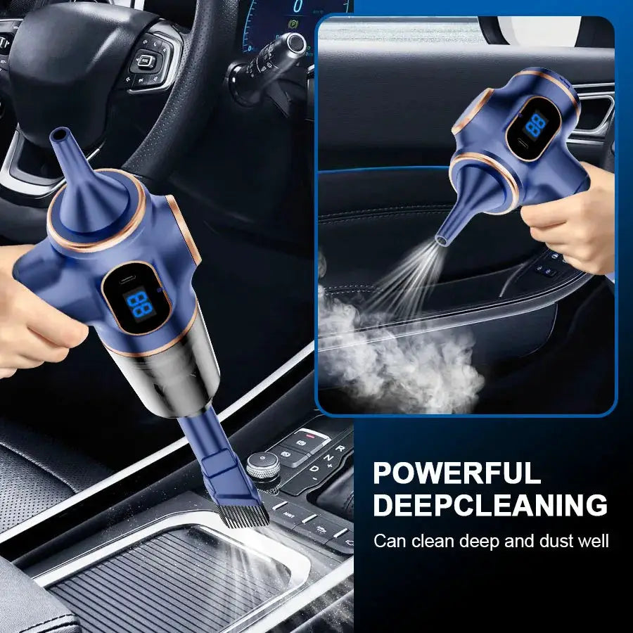 Simples Market ABS wireless car vacuum cleaner; blue handheld unit with gold trim and digital display.