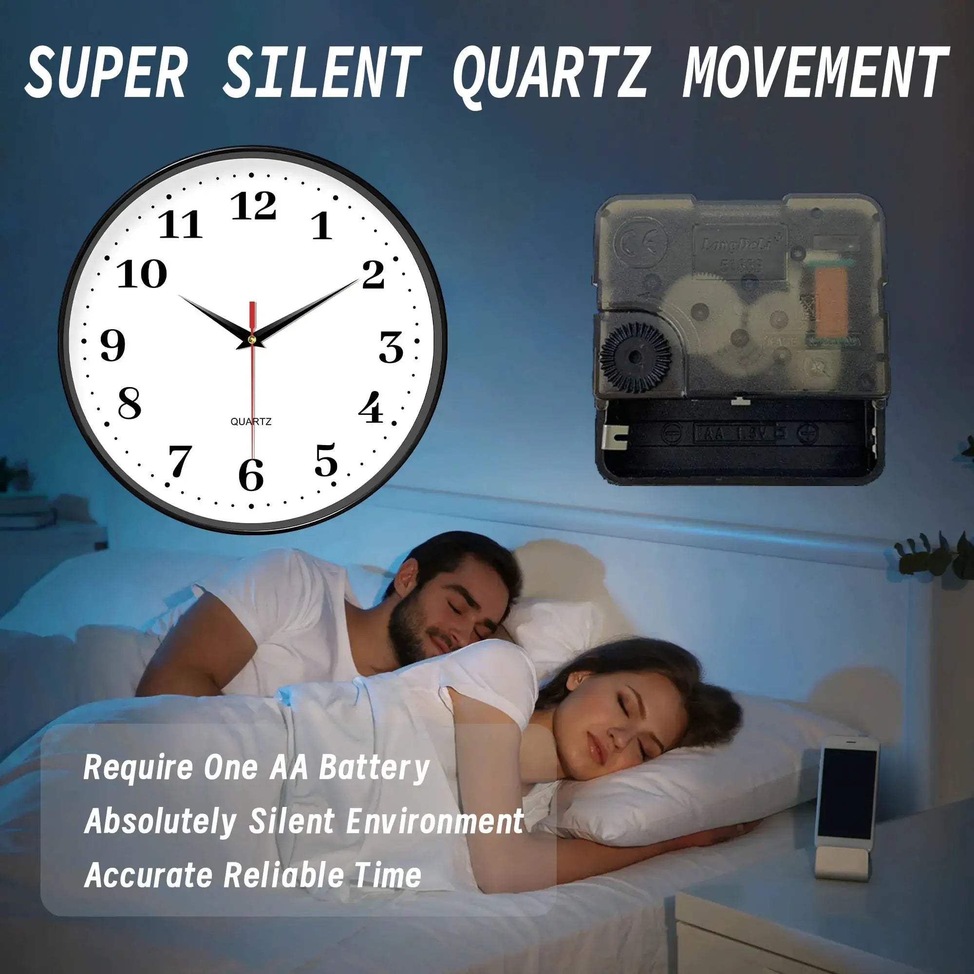 Simples Market 8-inch white wall clock with black numerals and silent battery-operated quartz movement