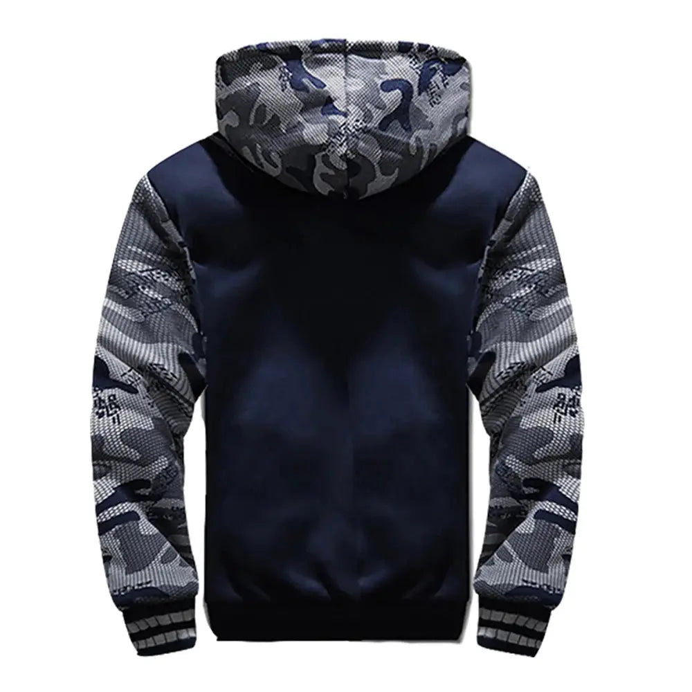 Men's camo-sleeve hooded jacket with black body, gray camouflage sleeves, fleece lining by Simples Market