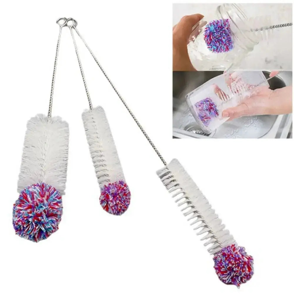 3-pack SodaStream bottle brushes with metal chain handles, white bristles, and colorful pom-pom tips
