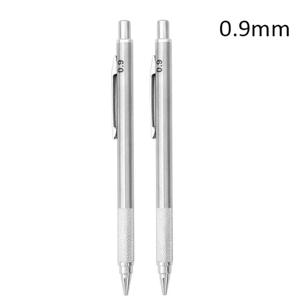 Metal mechanical pencil set, 0.9mm, two silver pencils with knurled grips.