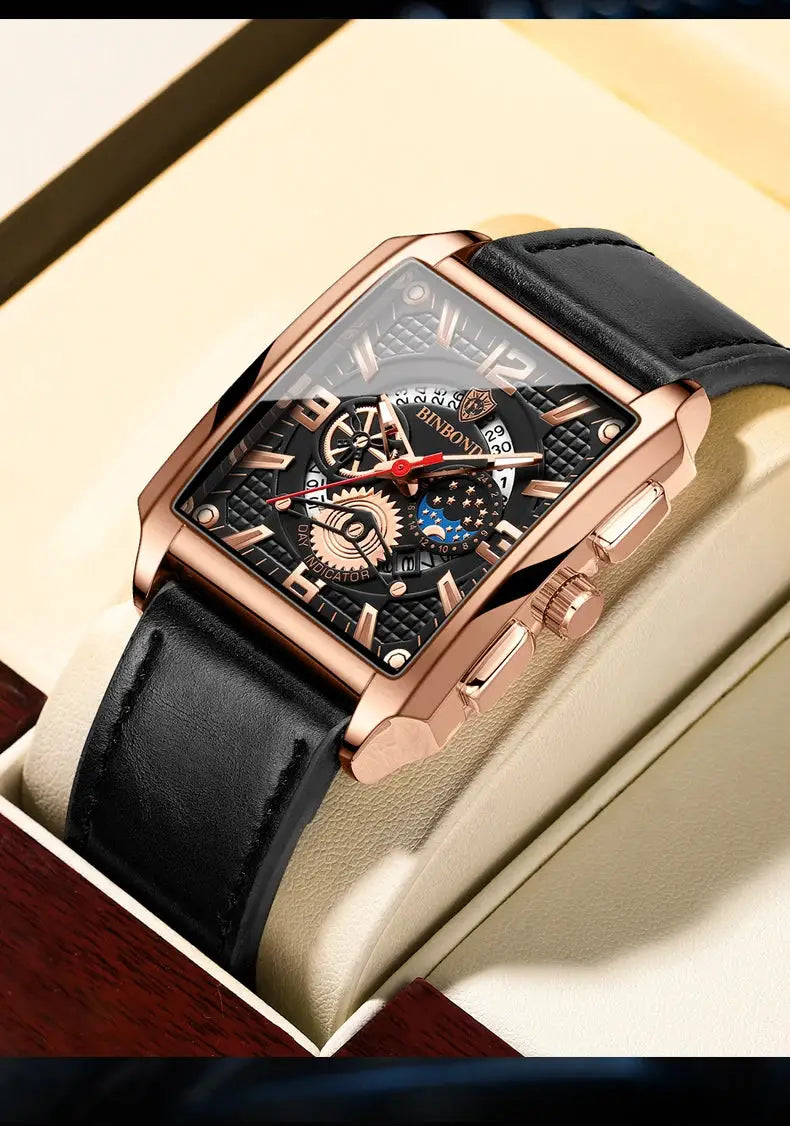 BINBOND men's watch with rose-gold-tone case, black leather strap, and skeleton dial
