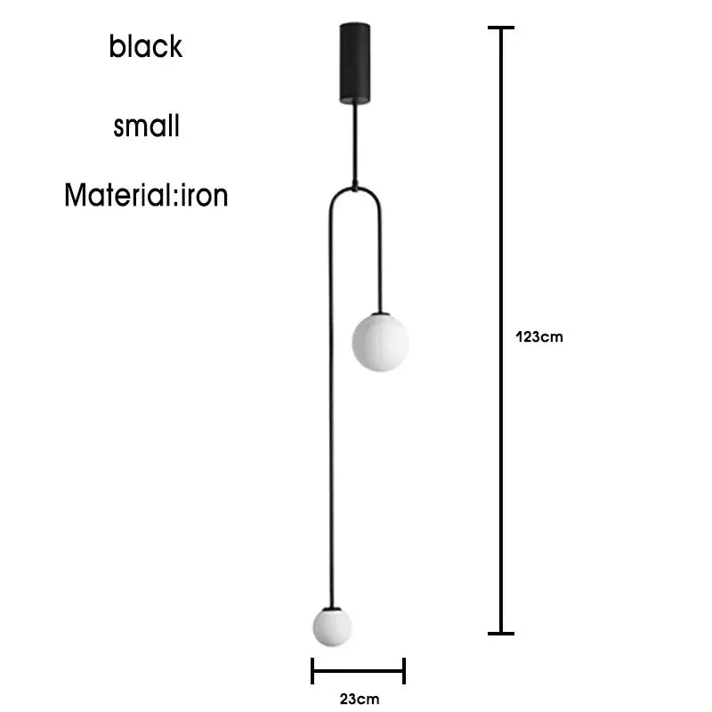 Nordic minimalist black iron chandelier by Simples Market with two white globe bulbs, 123 cm tall