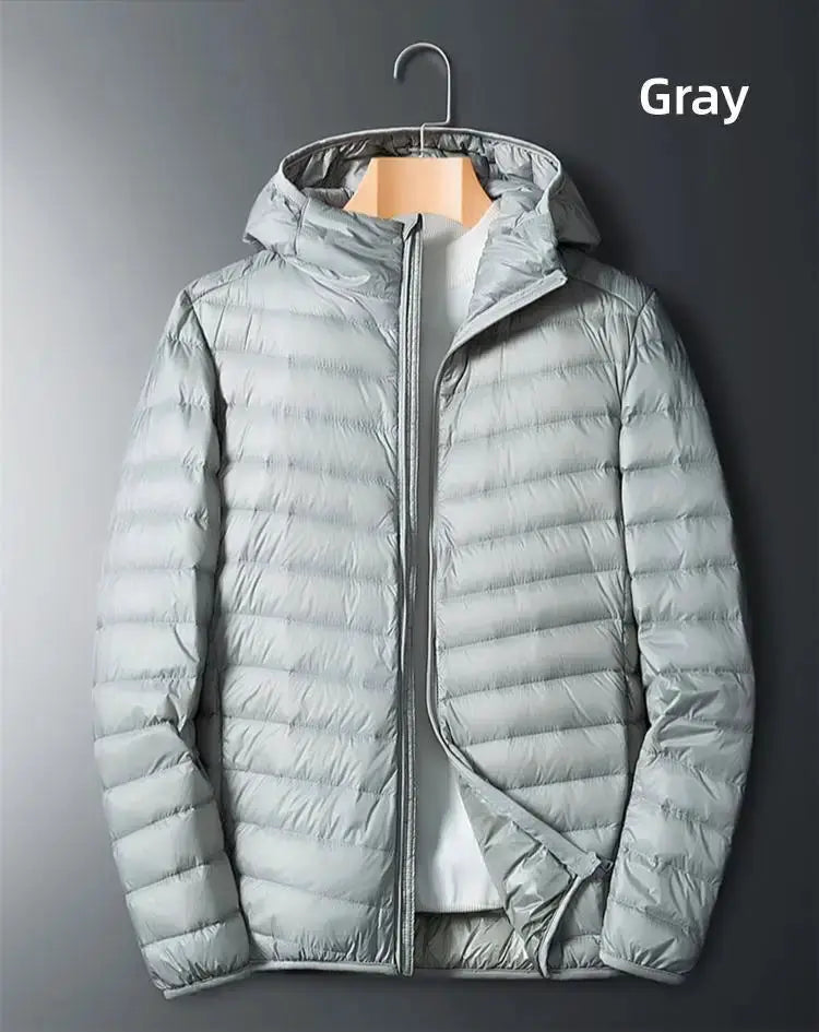 UETEEY men's gray down jacket with hood, ultralight puffer coat