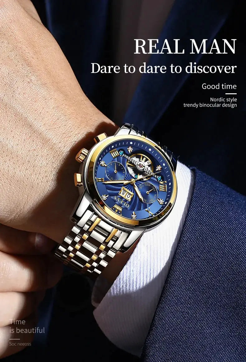 OLEVS Classic men's tourbillon automatic watch with blue dial and two-tone gold-silver bracelet