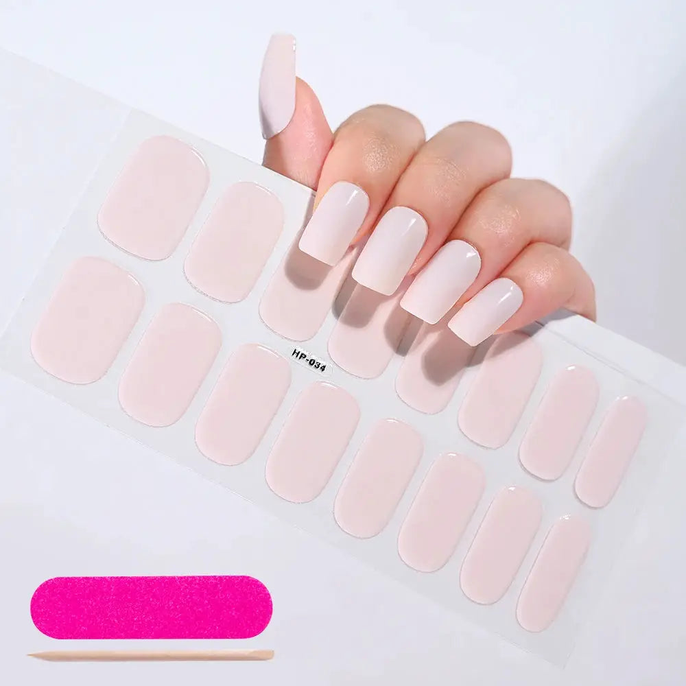Semi-cured gel nail wraps set in nude pink, full-cover nail decals with adhesive on sheet