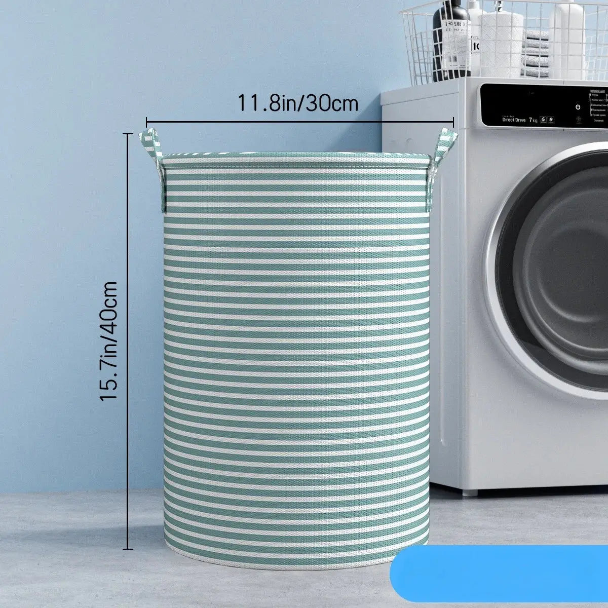 Foldable striped laundry basket in teal and white with handles, collapsible storage organizer beside washer