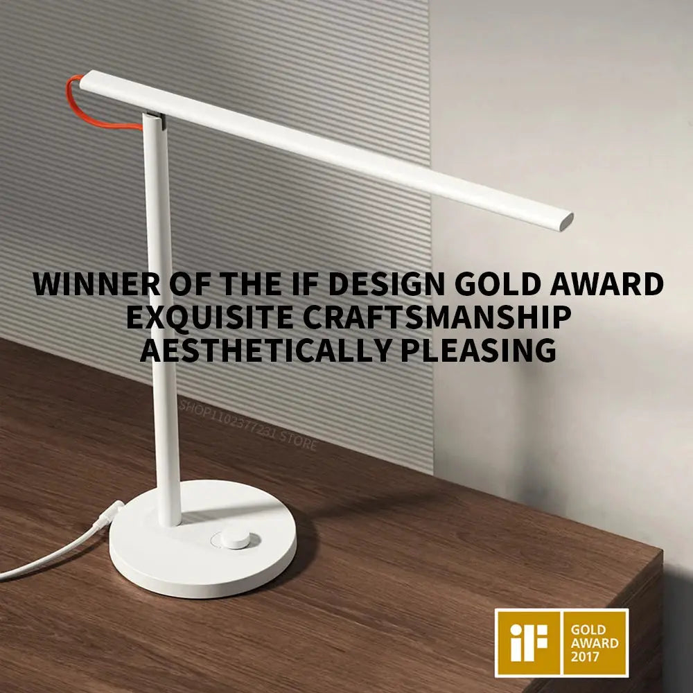 MIJIA white table lamp 1S Enhanced with long horizontal arm and round base, featuring iF Gold Award logo.