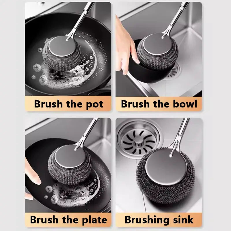 Simples Market stainless steel pot brush with long handle and round bristle ball for pots and dishes