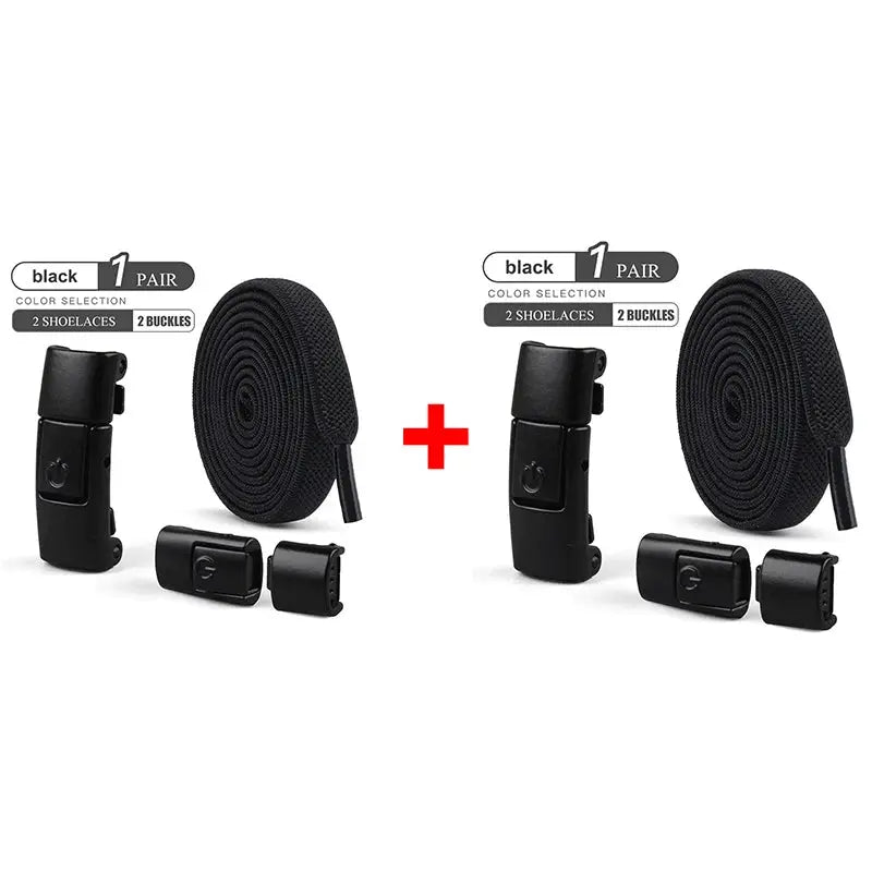 Simples Market 8mm no-tie black elastic shoelaces with press-lock fasteners, 2 sets shown