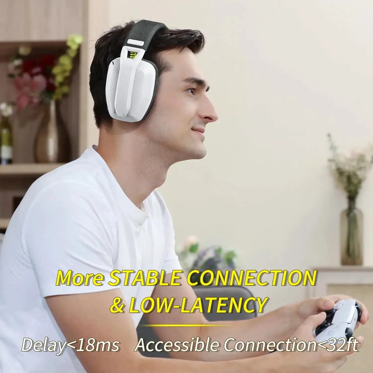 BINNUNE BW06 wireless gaming headset in white with over-ear cups, worn by a man in a white shirt