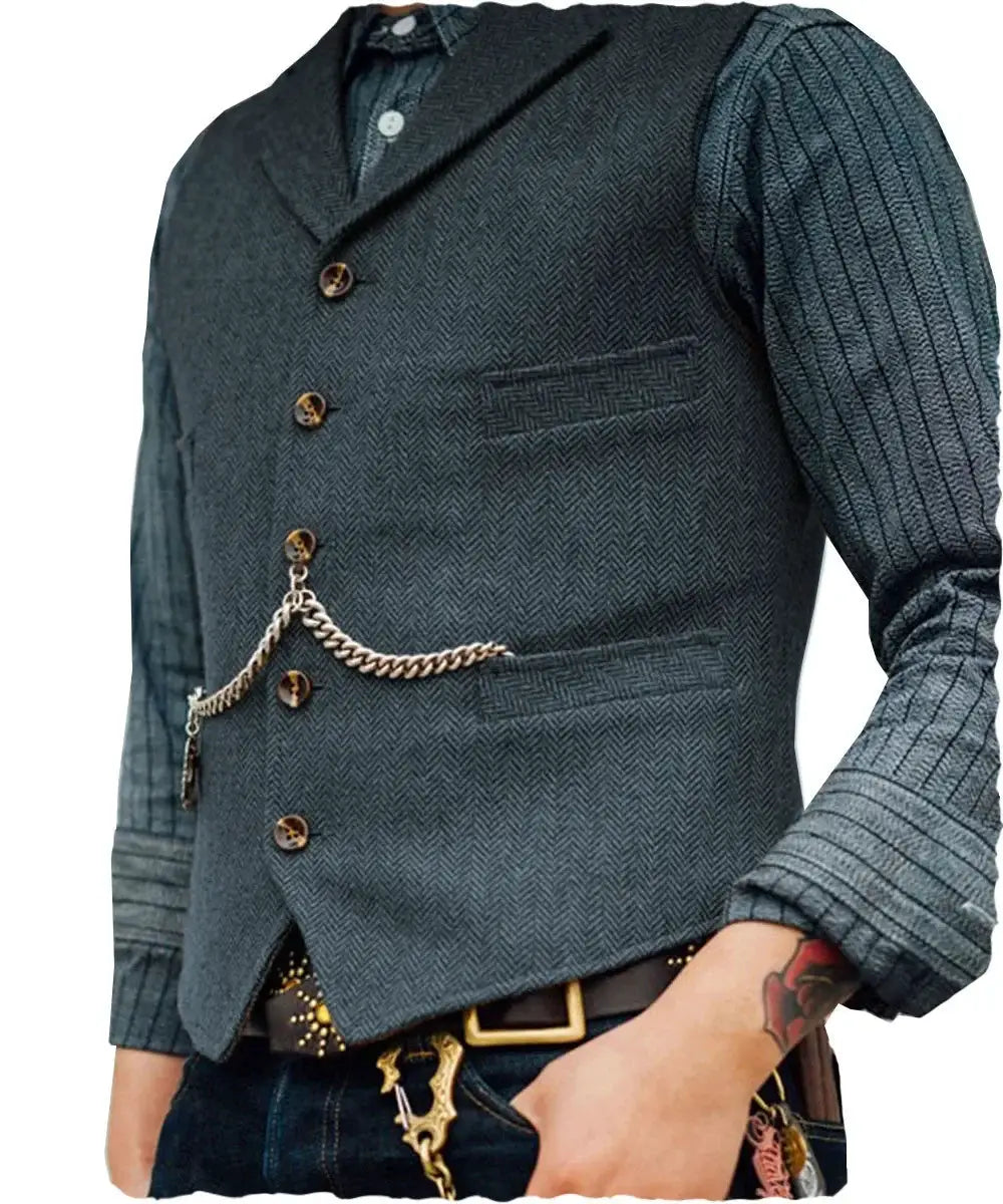 Wool tweed men's vest in dark grey with herringbone pattern and gold chain accessory