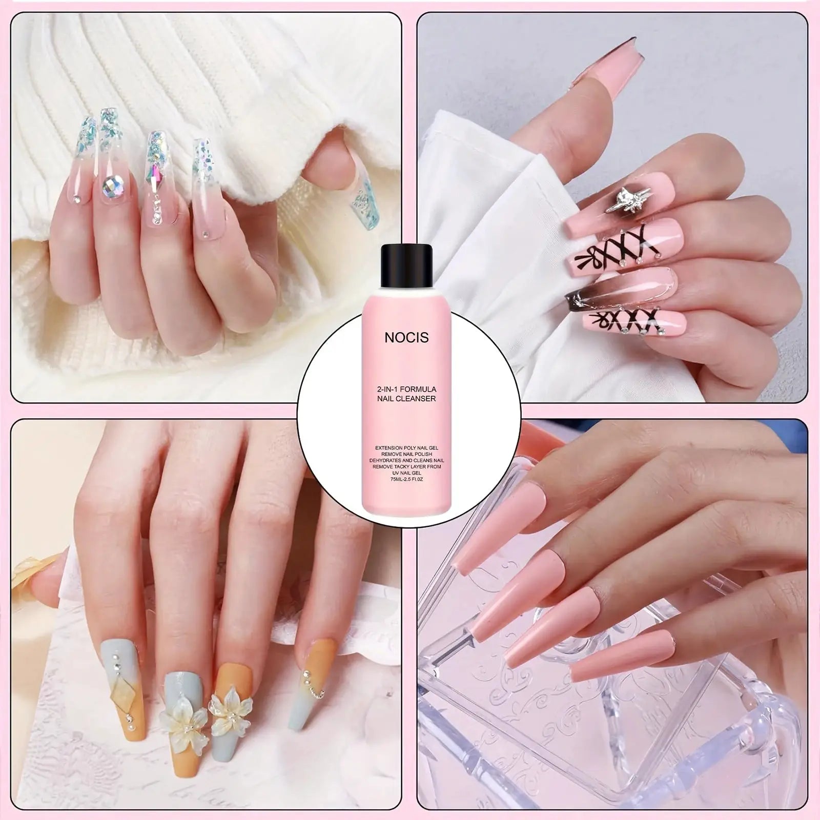 NOCIS 2-in-1 gel cleanser for nails and polish remover; pink bottle with black cap shown amid nail designs.