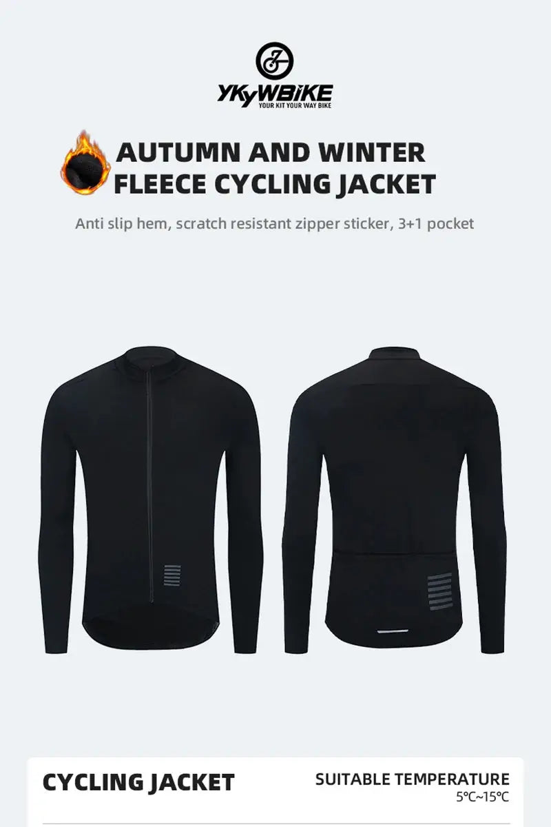 Men's cycling jacket, black long-sleeve fleece-lined with front zip and YKYWBIKE logo