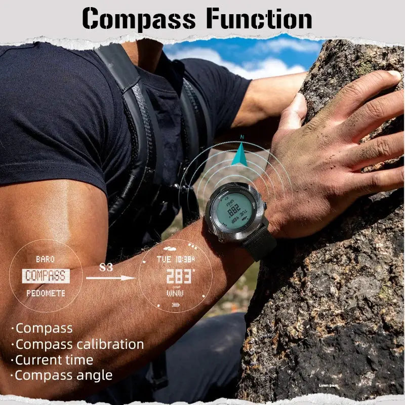 North Edge Apache-D men's digital dive watch with black strap and built-in compass, worn during outdoor rock climbing.