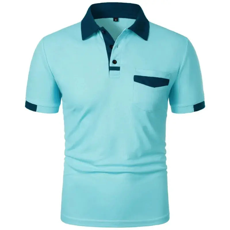Men's polo shirt in light turquoise with navy collar and navy chest pocket trim