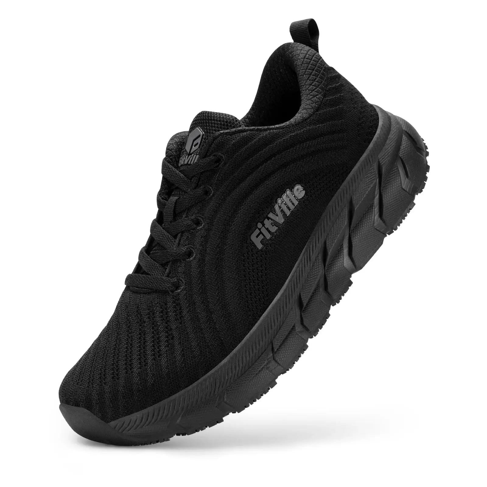 FitVille black knit men's running shoe with wide toe box and rugged outsole
