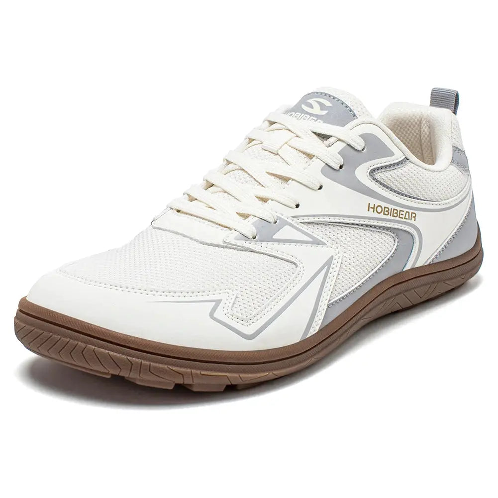HOBIBEAR barefoot minimalist shoe; white mesh upper with gray overlays and brown outsole.