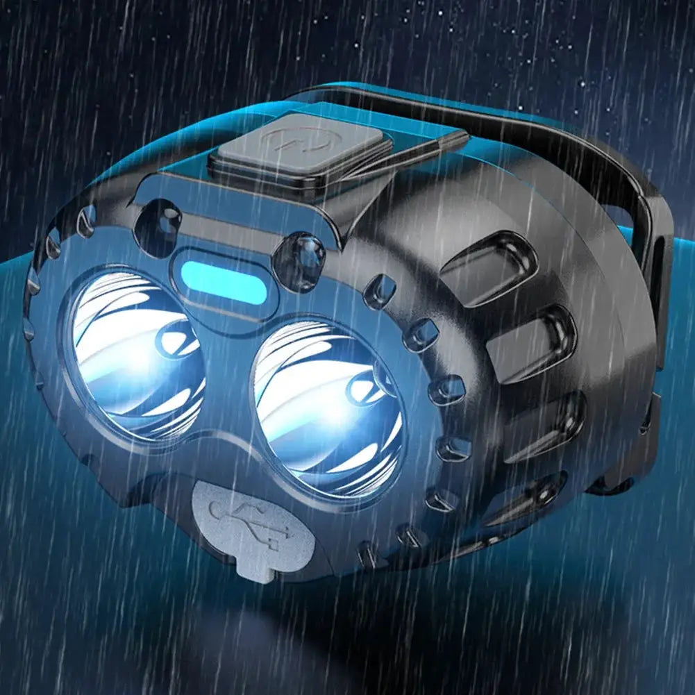 Simples Market LED headlamp with dual XPE LEDs, blue housing, IPX4 waterproof for outdoor camping