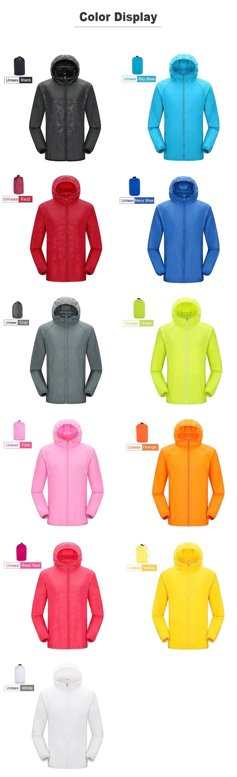 JNLN Unisex Hiking Jacket; waterproof quick-dry windbreaker for outdoor trekking, 11 color variants