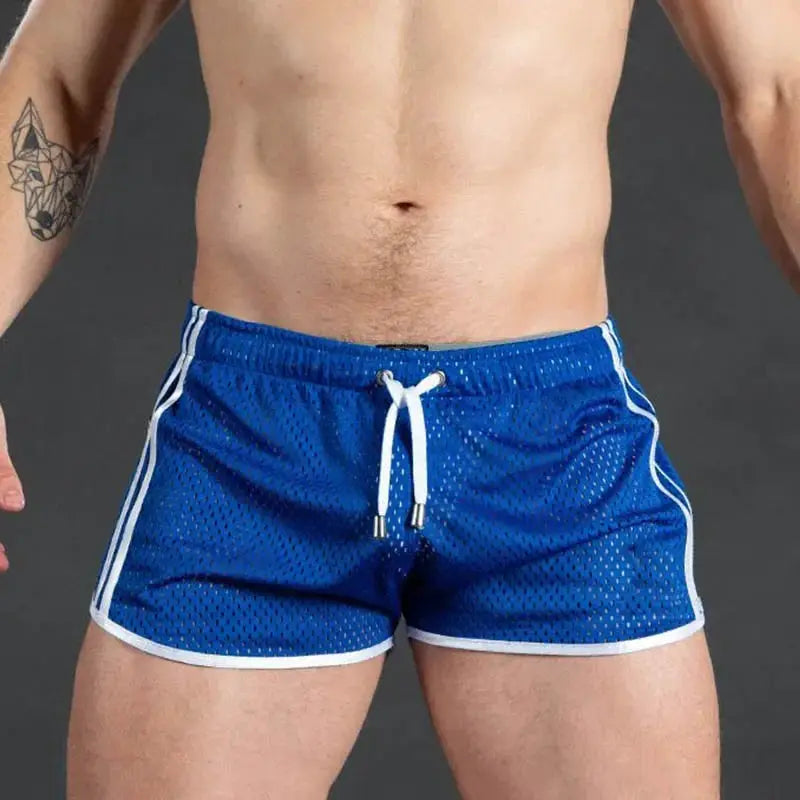 Men's blue mesh gym shorts with white trim, drawstring, quick-dry breathable grid-pattern shorts
