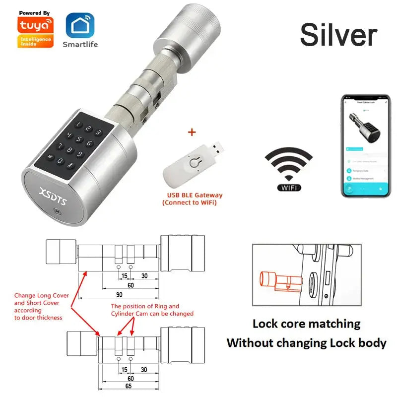 Silver Tuya-powered smart door lock cylinder with keypad, USB BLE gateway and WiFi app control