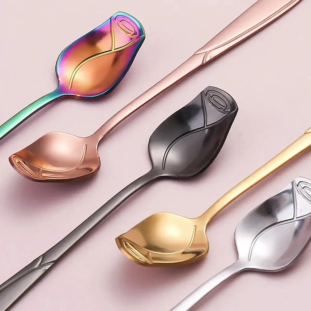 Long Handle Stainless Steel Teaspoon With Rose Shaped Handle For Dessert Coffee Tea Honey Salad New Year Gift