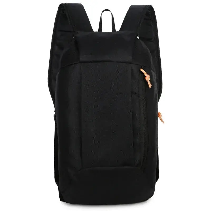 Men's outdoor lightweight small backpack in black with front vertical zip pocket and orange zipper pulls.