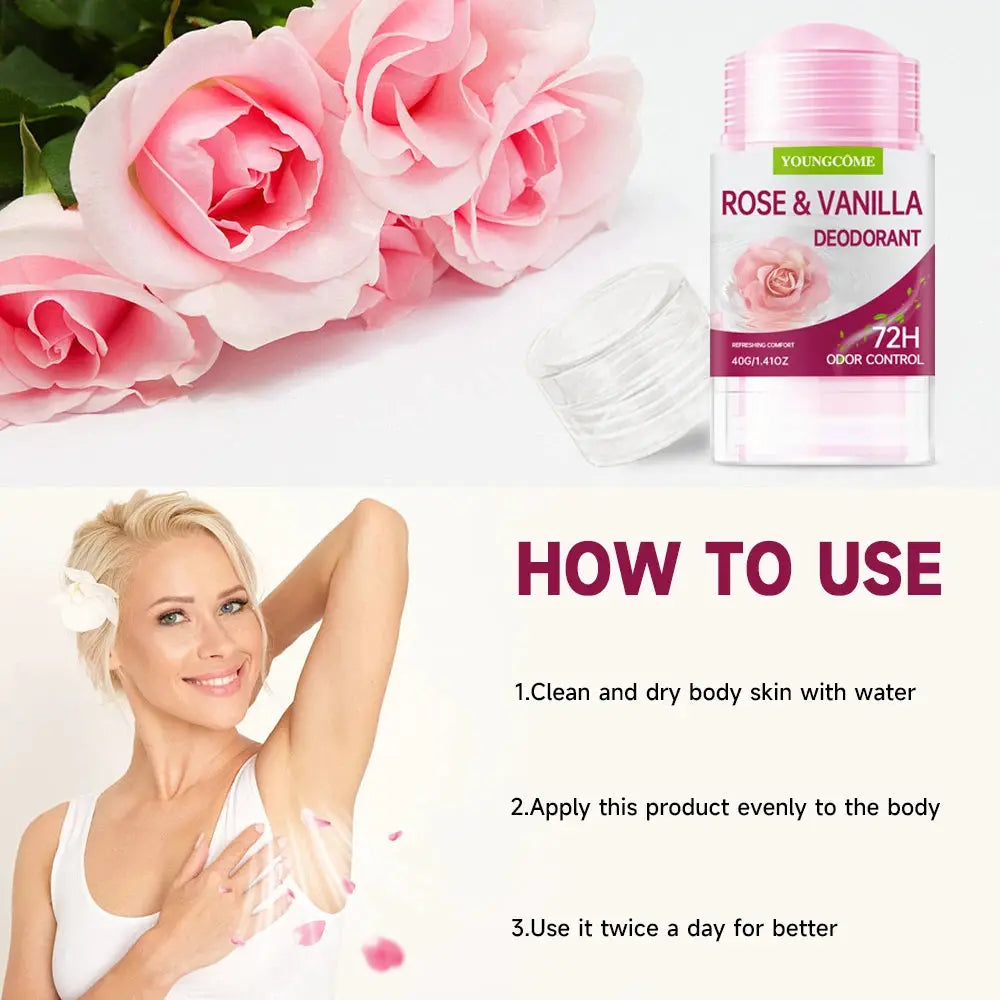 Youngcome Rose & Vanilla deodorant stick with pink cap and rose imagery
