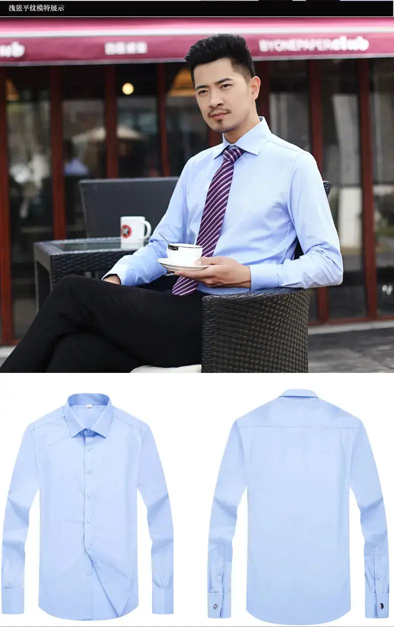 Simples Market men's light blue slim-fit dress shirt; long sleeves, solid color; model worn front and back views