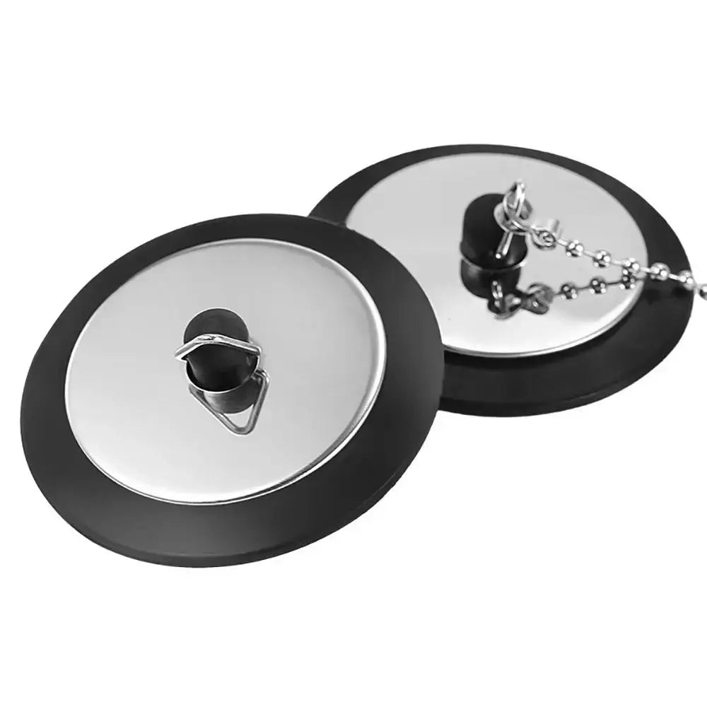 Two universal tub drain stoppers with chain, rubber and chrome finish, by Simples Market.