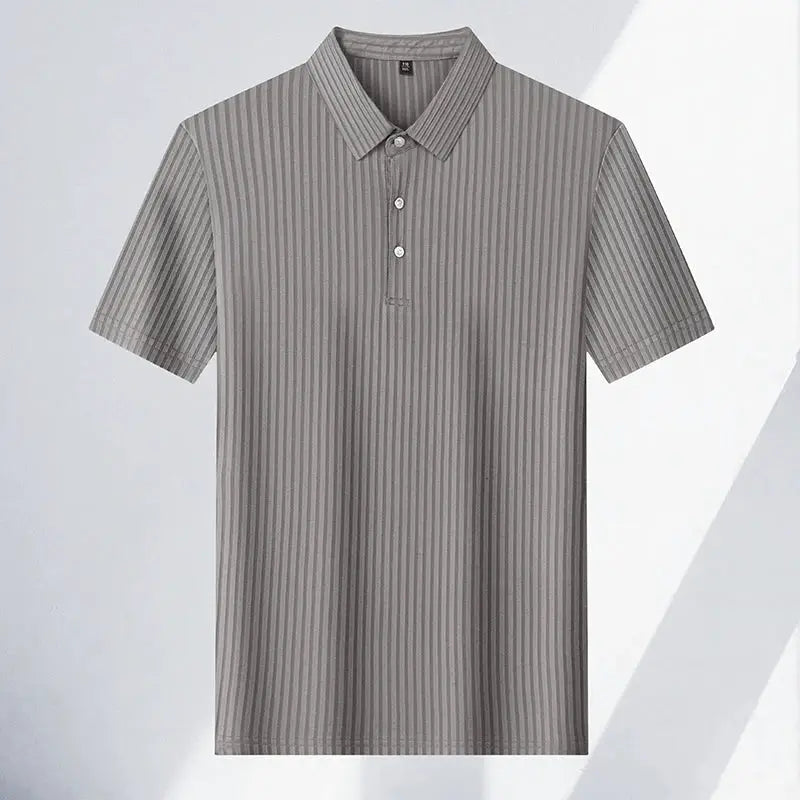 Men's striped polo shirt, gray short-sleeve with collar, breathable casual summer style.