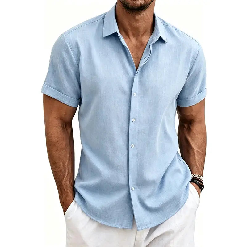 Men's light-blue cotton-linen short-sleeve casual shirt with button-front