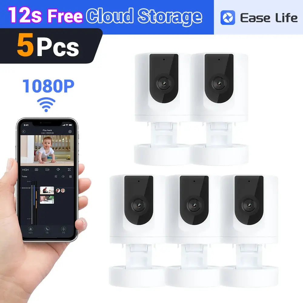 Pet camera indoor security system; five white cameras with black lenses, 1080P, phone app compatible by Simples Market