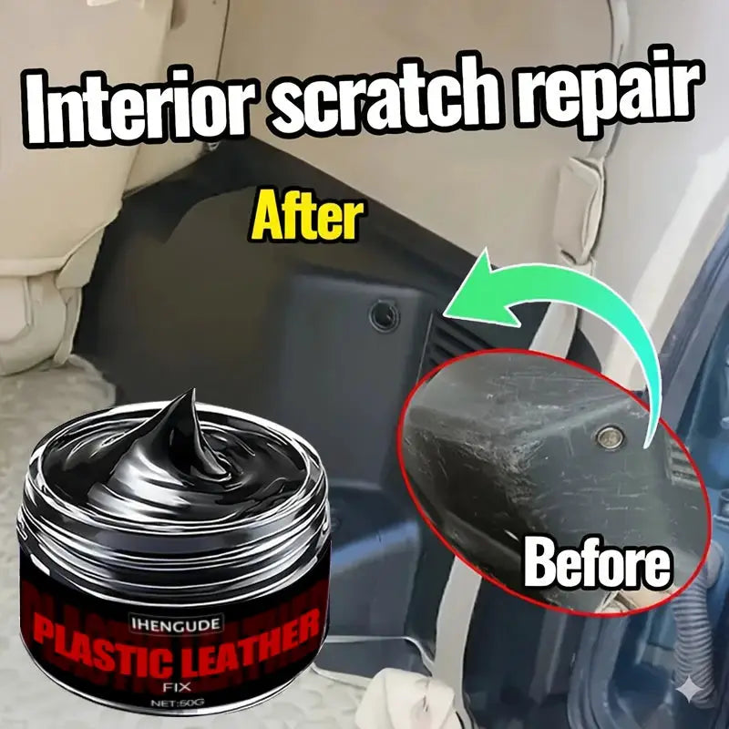 Car plastic repair paste for interior panels; black wax formula shown with before/after scratch repair on door trim