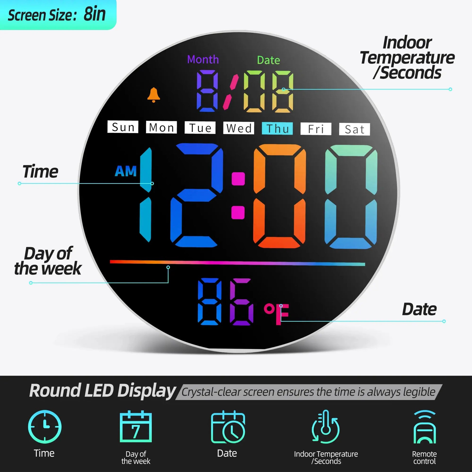 Simples Market 8-inch round LED wall clock with timer, date, temperature, alarm and RGB color display
