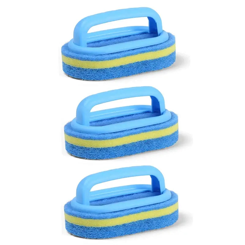 Sponge cleaning brush with handle, blue dual-layer sponge with yellow stripe, 3-pack by Simples Market