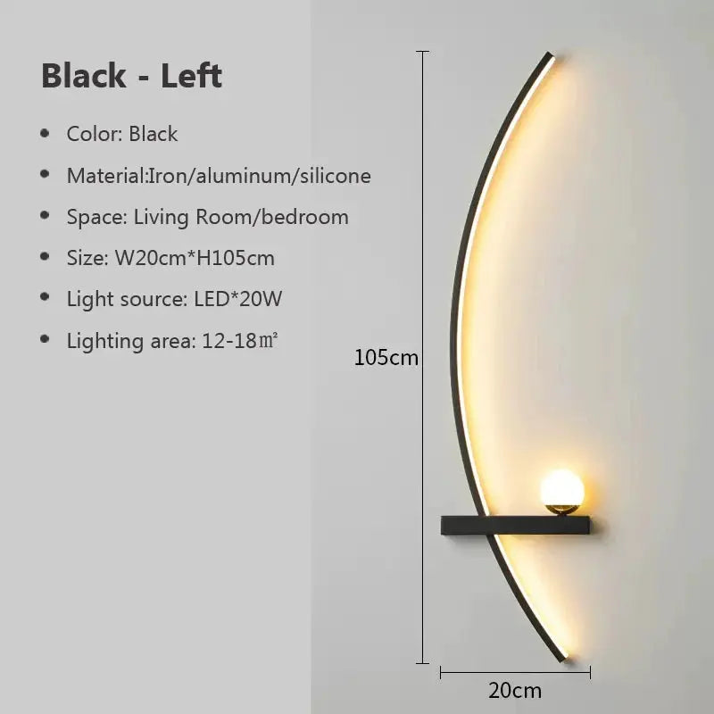 Black curved metal LED wall lamp with warm glow, 105cm tall, for living room/bedroom, Simples Market.