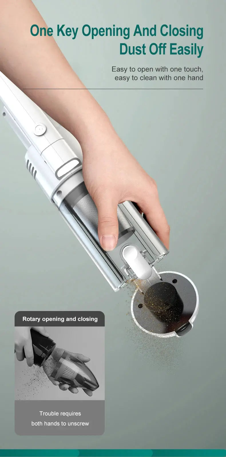 Simples Market handheld cordless vacuum cleaner with transparent dust chamber in silver and white for car and home use.