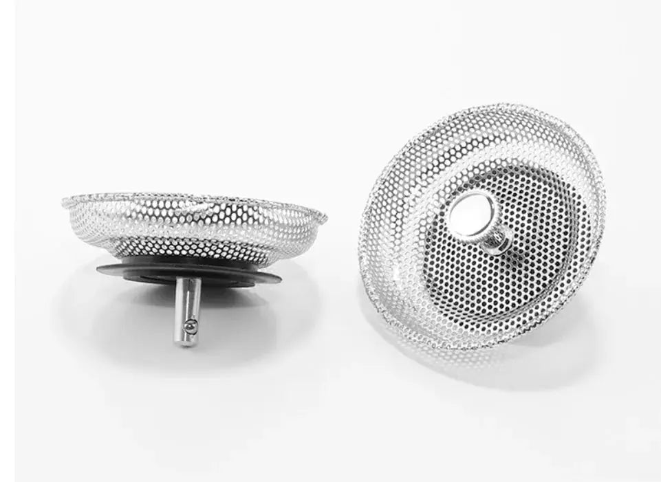 Stainless steel sink strainer 2-pack with mesh basket; kitchen and bathroom drain hair catcher.