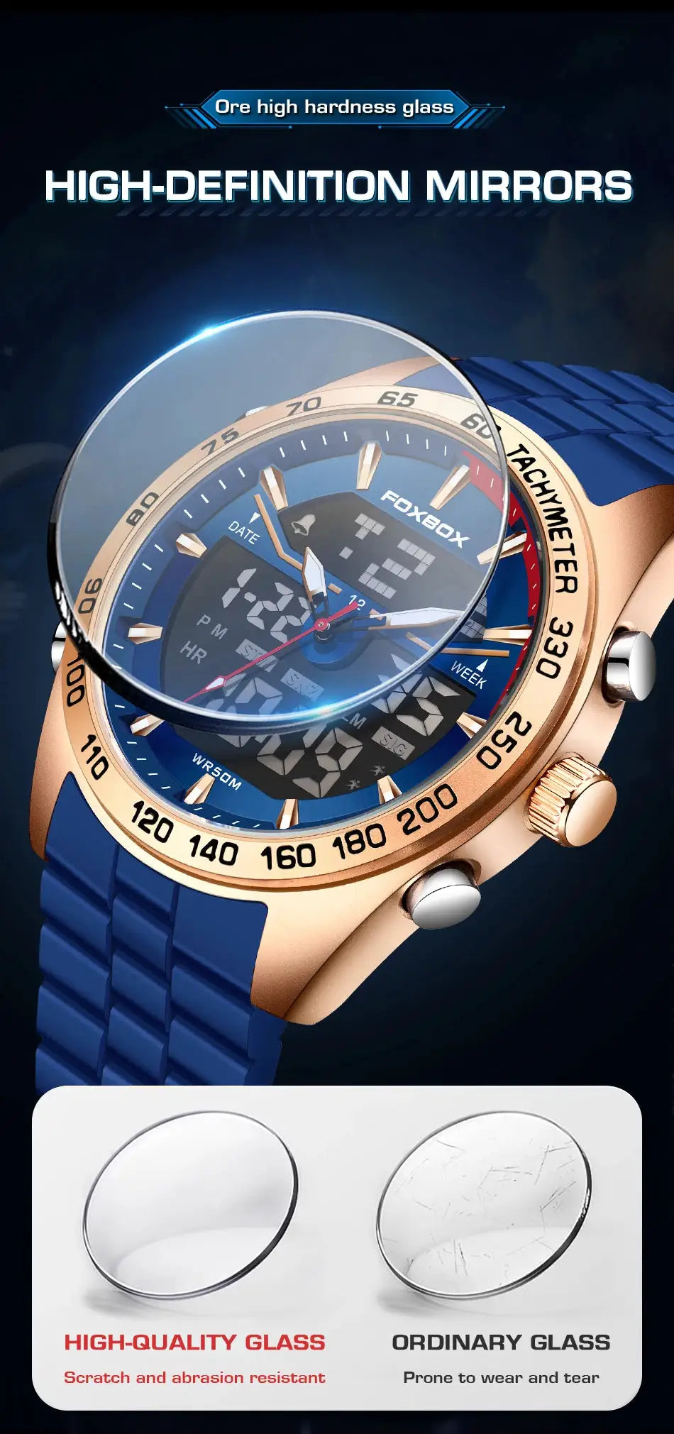 FOXBOX luxury digital men's watch with blue metal bracelet and rose-gold bezel, 30m water resistant