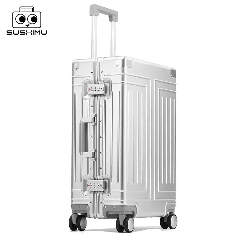 Aluminum-magnesium alloy travel suitcase, silver, four-wheel carry-on with retractable handle, by SUSHIMU.